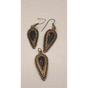 Vintage Black Enamel Gold Tone Teardrop Earring and Pendant Jewelry Set Boho